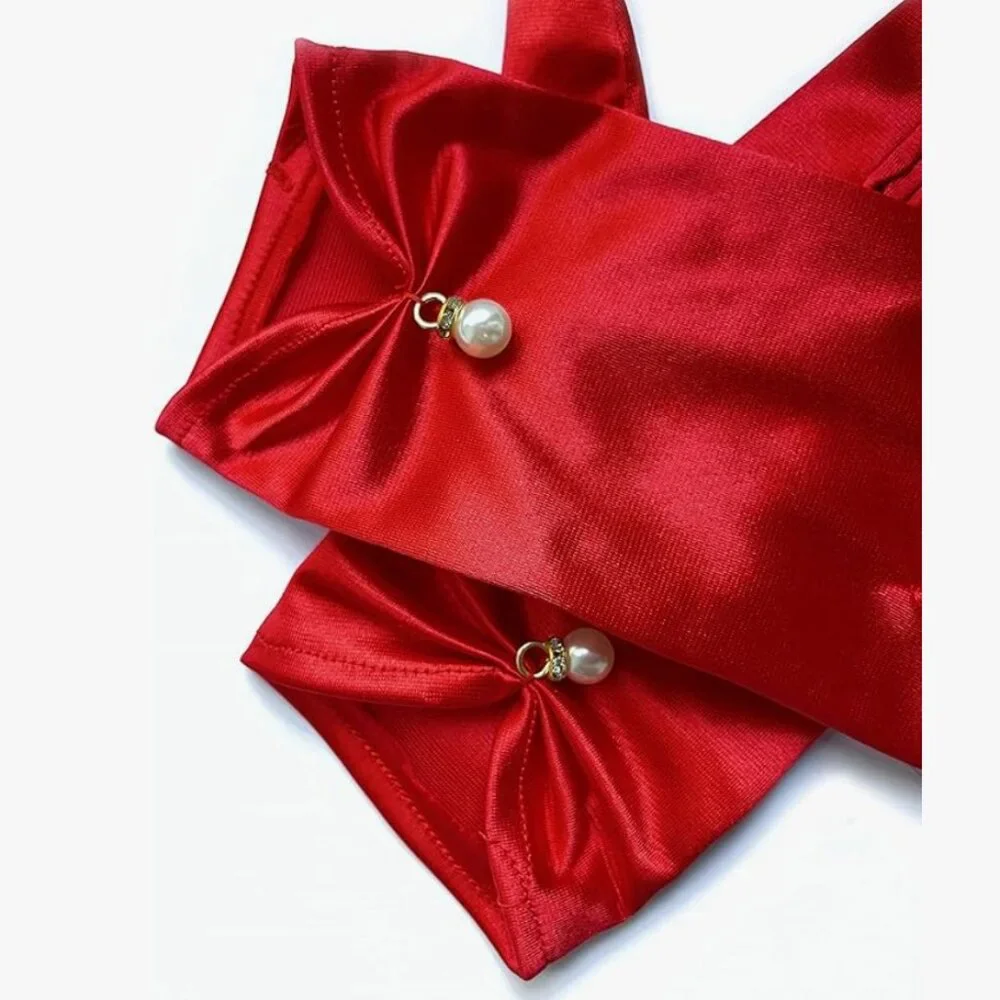 Elegant Red Velvet Gloves Pearls Tea Church Formal Red Tie Derby